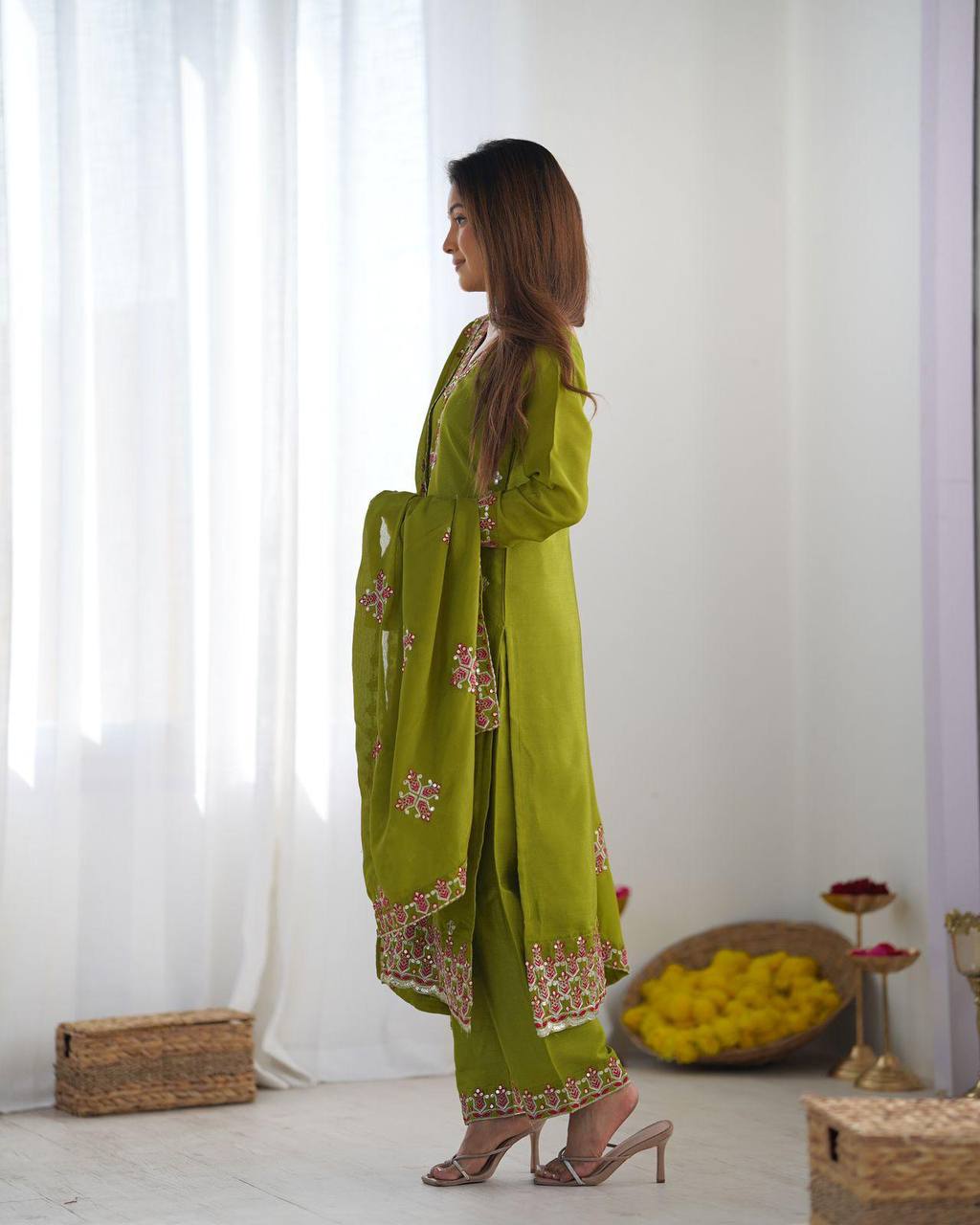Anvitha Green Chinon Silk Kurti Set with 5mm sequin embroidery, lacework & dupatta – fully stitched festive wear for women.
